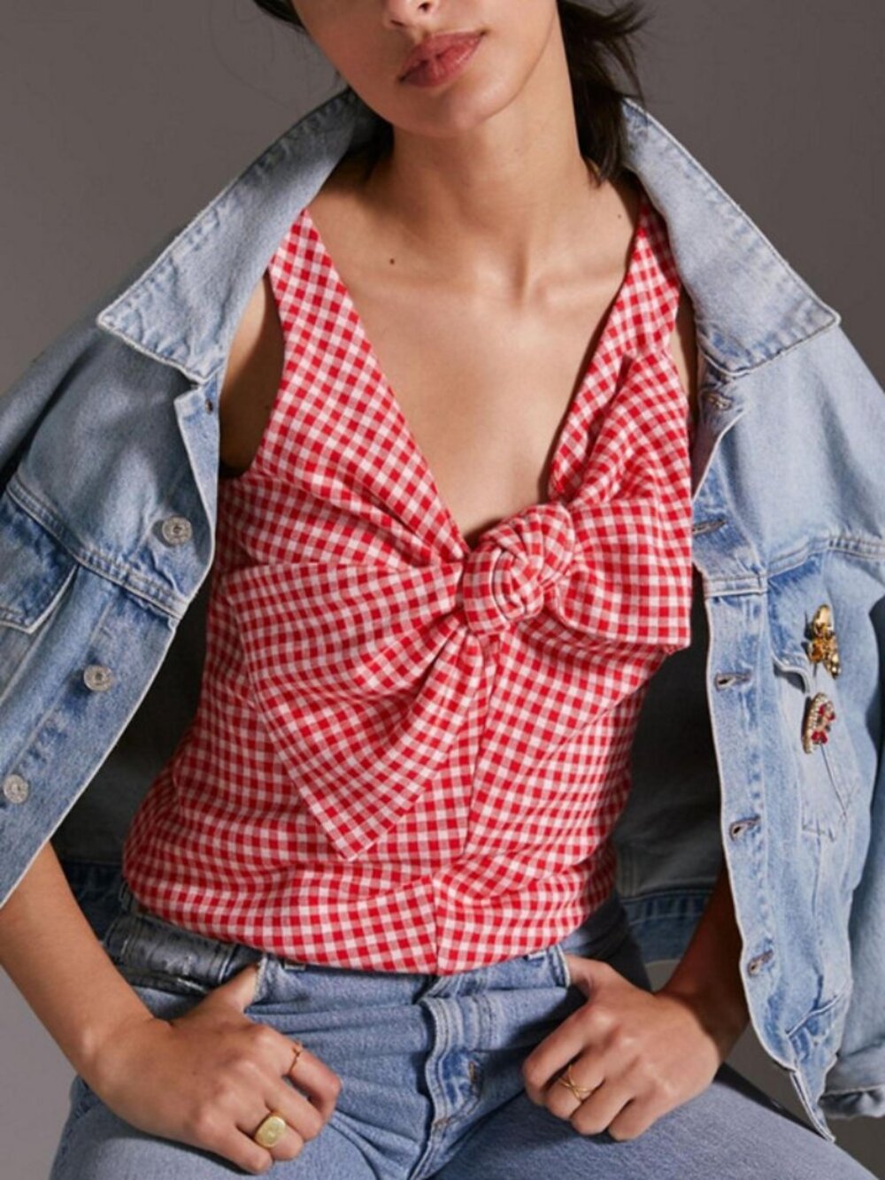 Eva Franco x Anthropologie Gingham Sleeveless Red & white Plaid Bow Top Size: S